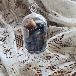 Small Glass Cloche Vintage Buttons/wooden Thread Spool Kitschy Collectable